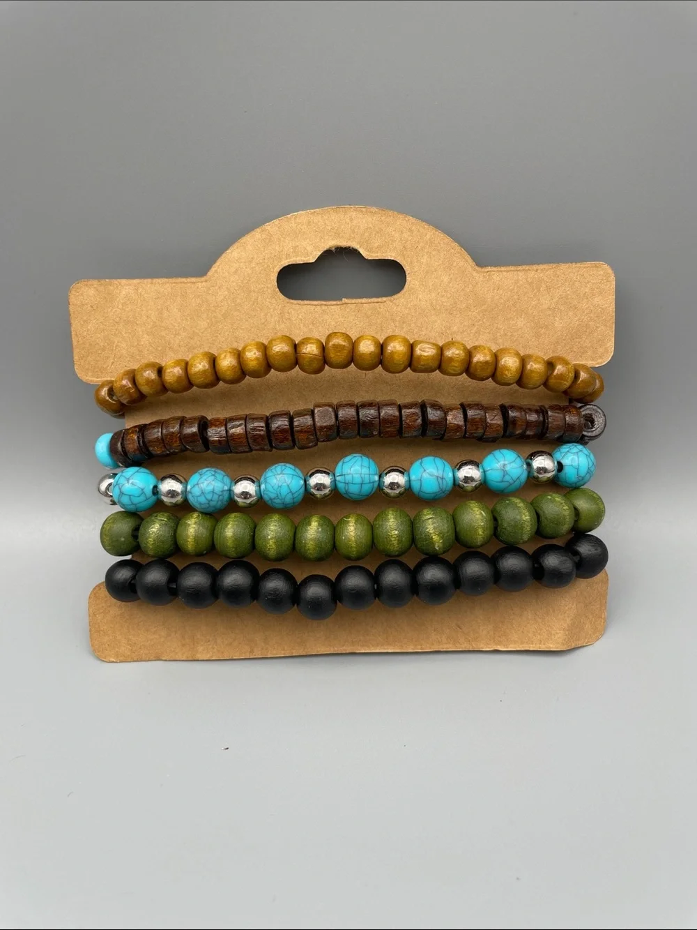 Boho Multi-Strand Beaded Bracelet Set — Turquoise, Olive & Wood